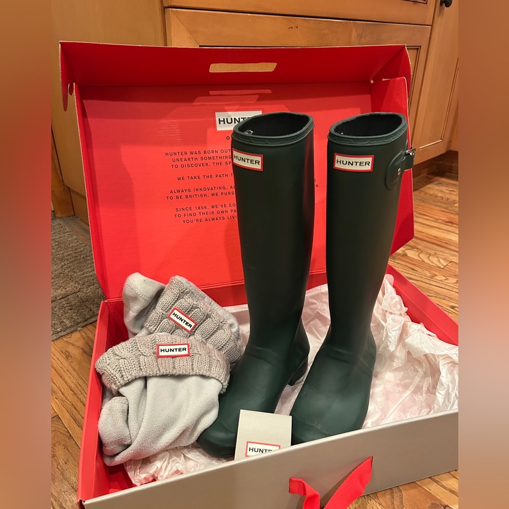Hunter Green Rain Boot + Fleece Liners